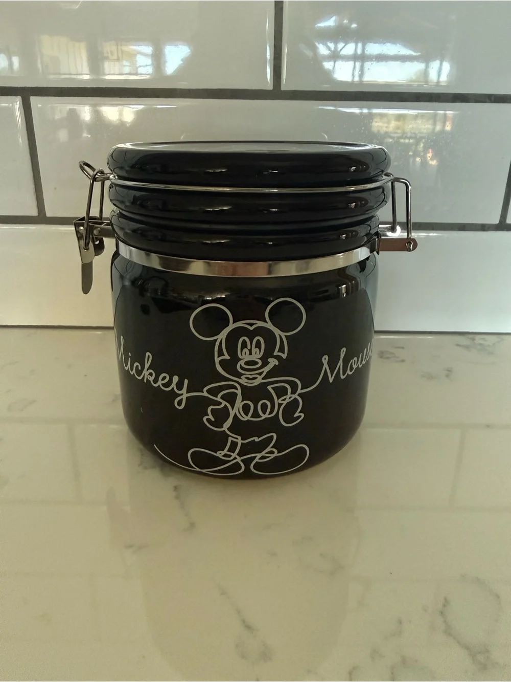 Brand New Disney Mickey Mouse Black Hinge Jar - Linear Style, 2 Cup Capacity